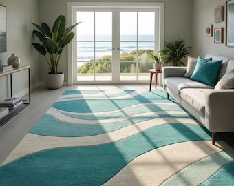 Handmade Wool Area Rug, Coastal Waves Design - Teal & Cream, 5x7 area rug