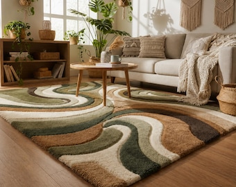Hand Tufted Wool Retro Wave Rug, Green Earth Tone Wavy Shape Rug, 7x10 Area Rug
