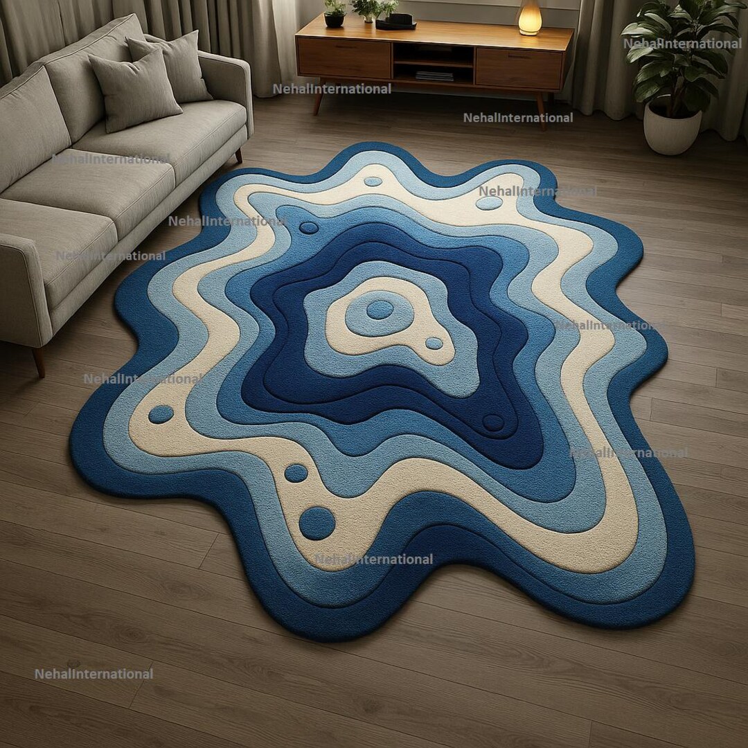 Hand-tufted Blue Wave Rug , Cream Abstract Carpet, Topo Art Rug - Etsy