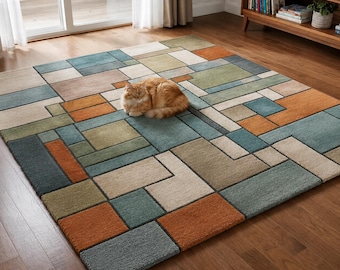Mid-Century Modern Area Rug, Modern Geometric Wool Rug, Hand-Tufted Custom Carpet for Living Room, 7x10 Area Rug