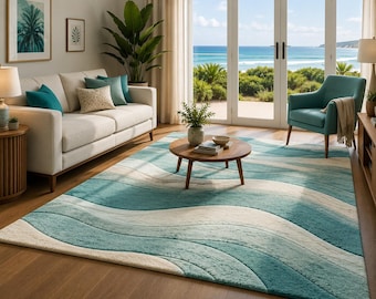 Handmade Wool Area Rug, Coastal Waves Design - Teal & Cream, 5x7 area rug