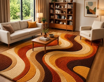 Retro Wavy Abstract Rug – 70s Mid Century Modern Wool Area Rug, Burnt Orange Yellow Brown Carpet for Living Room Bedroom Decor 7x10