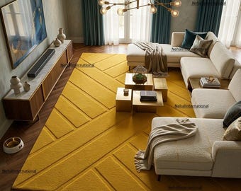 Hand-Tufted Wool Area Rug: Mustard Yellow Striped Modern High Low Pile Carpet