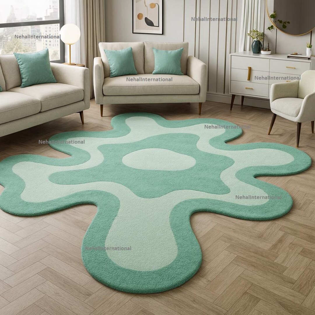 Mint Green Abstract Wool Rug L Hand-tufted Irregular Shape L 9x9 Area ...