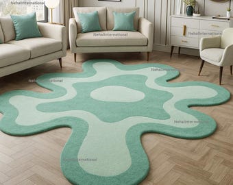 Hand Tufted Wool Rug, Mint Green Abstract, Modern Irregular Shape, 5x7 Wool Area Rug