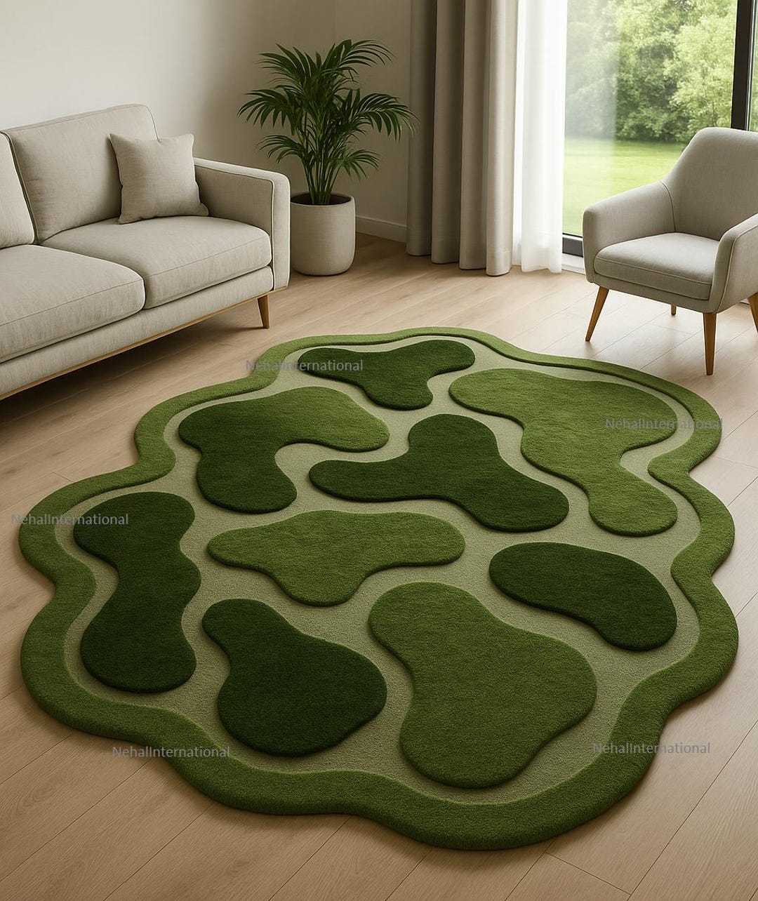 Hand-tufted Green Rug I Organic Shape Rug I Hight and Low Carpet L 6x6 ...