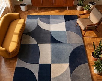 Modern Geometric Area Rug, Hand-Tufted Blue and Grey Wool Carpet, Mid-Century Modern Living Room Rug, Sculptural Minimalist Home Decor, 7x10