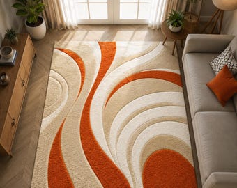 Orange Cream Abstract Wave Rug | Hand-Tufted Wool Living Room Carpet