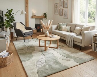 Sage Cream Abstract Area Rug, Hand Tufted Wool Carpet, Modern Scandinavian Living Room Decor
