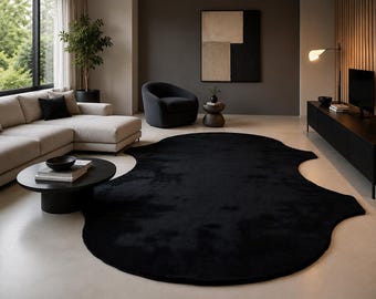 Abstract Black Rug, Organic Sculptural Shape, Minimalist Modern Accent