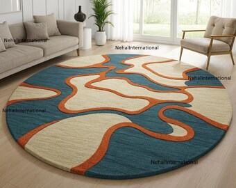 Modern Mid-Century Round Hand-Tufted Wool Rug | Geometric Abstract Circular Area Rug | Blue and Orange Rug