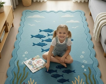 Hand Tufted Ocean fish Rug, Kids Rug Nursery Decor, 5x8 area rug