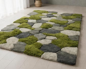 Handmade Tufted Moss Rug – 3D Landscape Carpet, Nature Inspired