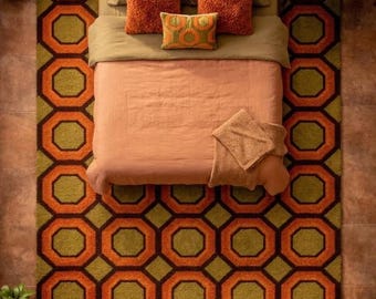 Hand Tufted Mid Century Modern Rug – 70s Hexagon Pattern, Burnt Orange & Green