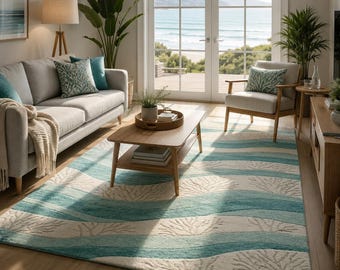Handmade Wool Area Rug, Coastal Waves Design - Aqua Blue & Beige, 5x7 area rug