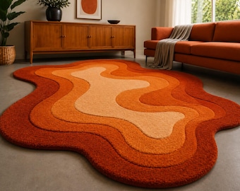Hand Tufted Retro Wavy Area Rug, Irregular Orange rust Layered Organic shape rugs, Abstract Funky Statement Rug for Living Room Bedroom 7x10