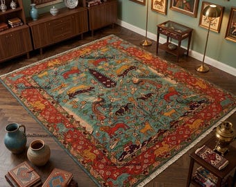 Hand Knotted Persian Tree of Life Rug, Animal Garden Carpet, Vintage Floral Wool Area Rug, Traditional Handmade Oriental Rug