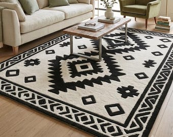 Modern Boho Black and White Area Rug, Hand Tufted New Zealand Wool Carpet, Geometric Tribal Living Room Decor, Large Floor Rug