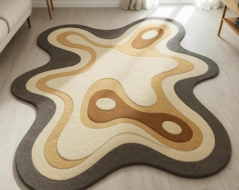 Irregular Ivory Beige Abstract Wool Rug, Hand Tufted Organic Shape Area Rug, 7x10 Area Rug