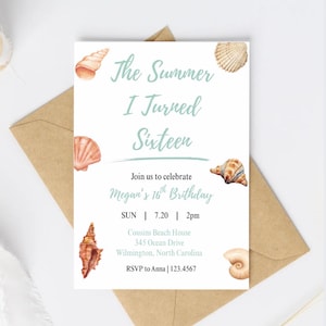 The Summer I Turned Pretty Birthday Invitation | Editable Canva Template | Beach Party Invite | Seashell Summer Birthday Digital Download