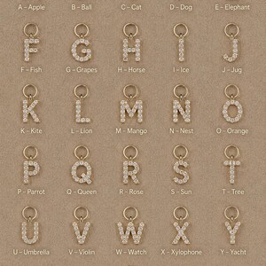 14k Gold Alphabet Charm Pendant, Moissanite Pave, Sterling Silver Huggies (6-7mm)
