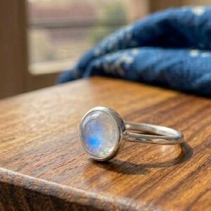 925 Sterling Silver Ring -Natural  Moonstone Bezel Setting Ring – Gold Plated Stacking Band