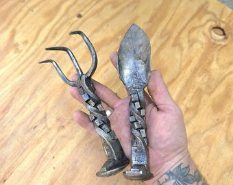 Hand Forged Garden Tool Set – Railroad Spike Trowel & Cultivator – Handmade Blacksmith Gardening Gift
