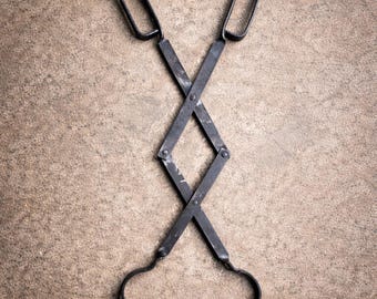 Hand-Forged Firewood Log Grabber – 2-Hand Campfire Tongs – Rustic Steel Fireplace Tool – Maker’s Mark Stamped