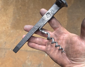 Hand Forged Railroad Spike Corkscrew & Bottle Opener – Blacksmith Made Wine Opener – Rustic Bar Tool – Unique Gift for Wine Lover