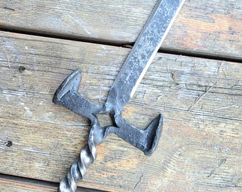 Hand-Forged Railroad Spike Dagger Knife – Double Edge Blade, Integral Guard, Mahogany Handle, Blacksmith Made