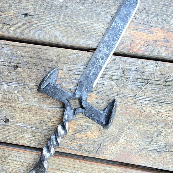 Hand-Forged Railroad Spike Dagger Knife – Double Edge Blade, Integral Guard, Mahogany Handle, Blacksmith Made