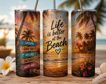 Vaso playero de 591 ml | Regalo para amantes de la playa | Taza termo de verano | Taza de vacaciones | Taza para amantes del océano | Vaso con diseño de atardecer