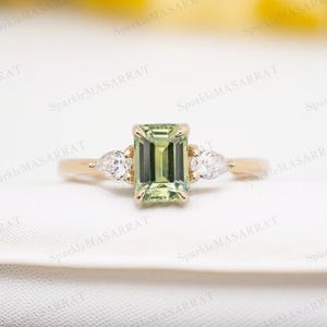 Vintage Emerald Cut Green Tourmaline Ring: Sterling Silver Engagement Ring