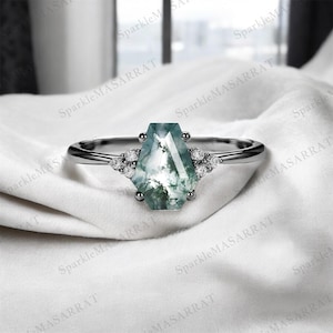 Moss Agate Coffin Ring: Sterling Silver Art Deco Engagement Ring