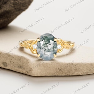 Oval Moss Agate Engagement Ring: Solid Gold Vintage Style