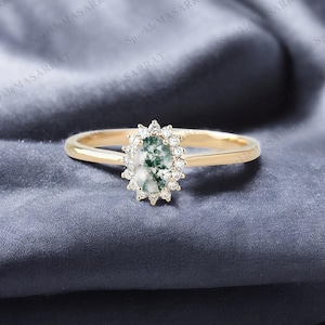 Oval Moss Agate Engagement Ring: 14k Gold over Sterling Silver