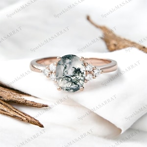 Oval Moss Agate Engagement Ring: 925 Sterling Silver, American Diamond Accents