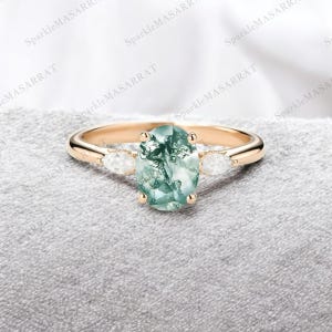 Natural Oval Moss Agate Ring Unique Engagement Ring Art Deco Jewelry Anniversary Gift Gemstone Promise Ring Personalized Ring