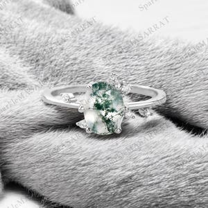 Vintage Moss Agate Engagement Ring: 925 Sterling Silver Twist Band