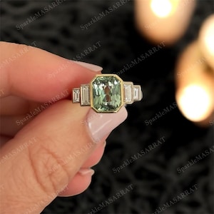 Vintage Mint Green Tourmaline Ring Sterling Silver, 14k Gold American Diamond Bezel Setting