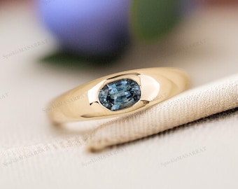 Anillo de zafiro verde azulado: anillo de compromiso de plata de ley con corte ovalado