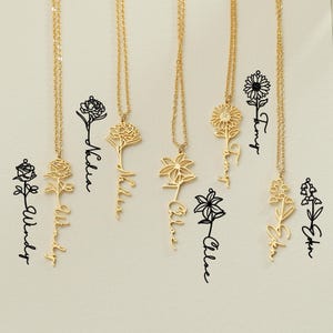 Colar personalizado com nome de aniversário - Pingente de letra de flor de nascimento personalizado em aço inoxidável - Presente de aniversário perfeito