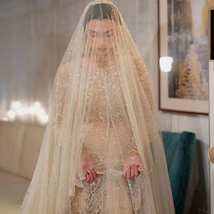 Nikkah Bridal Dupatta | Bridal Net Dupatta | Hand-Embroidered Nikkah Champagne Gold Veil | Pakistani Wedding Dupatta | Nikkah Wedding Scarf
