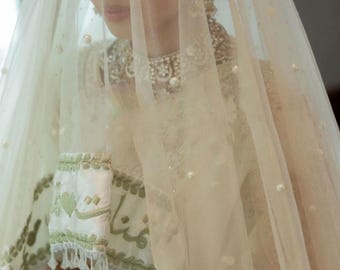 Custom Nikah Dupatta: Urdu Calligraphy, Pearl Bridal Veil