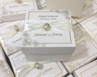 Scatole portaconfetti personalizzate Nikkah Mubarak / Scatole portaconfetti personalizzate per matrimonio e scatole portaconfetti con dettaglio di perle in nastro