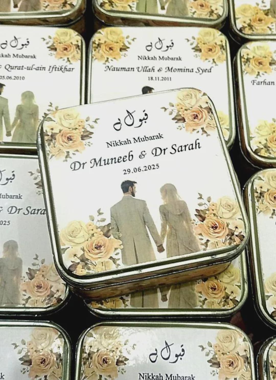 Personalized Nikkah Mubarak Square Tin Boxes: Floral Wedding Favors ...