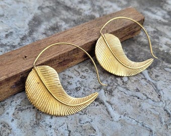 Handmade Brass Leaf Hoop Earrings | Nature Inspired Statement Jewelry | Boho Botanical Dangle