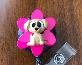 dog badge reel, dog badge holder, retractable id badge holder, nurse badge reel, pediatric badge reel, teacher badge reel, flower badge reel