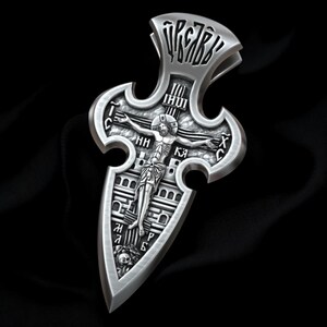 Russian Orthodox Crucifix Pendant with Archangel Michael and Jesus Christ in Solid 925 Silver, 18K Gold Plated Religious Jewelry