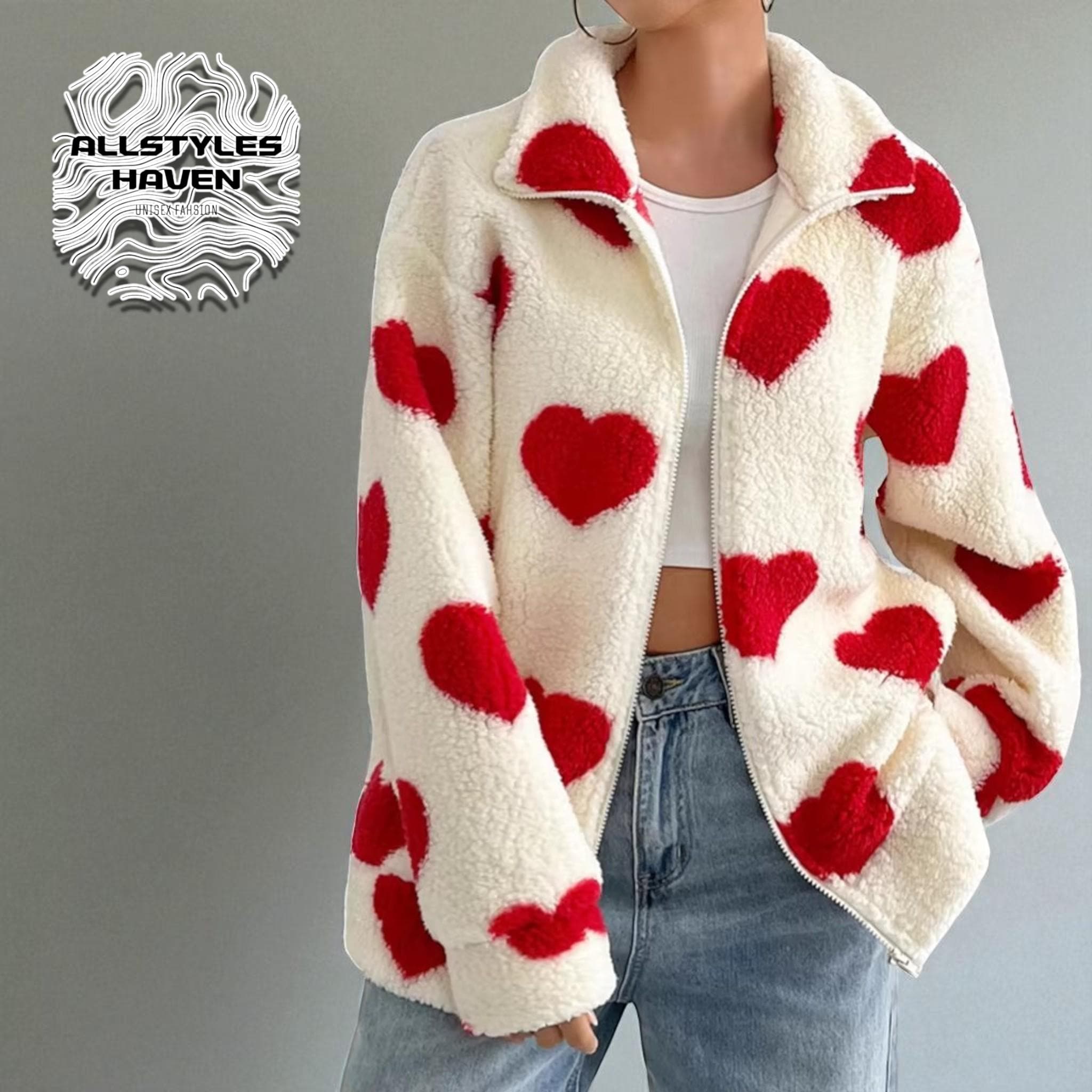 Heart Plush Fleece Jacket | Y2K Zip-up Winter Coat - Etsy